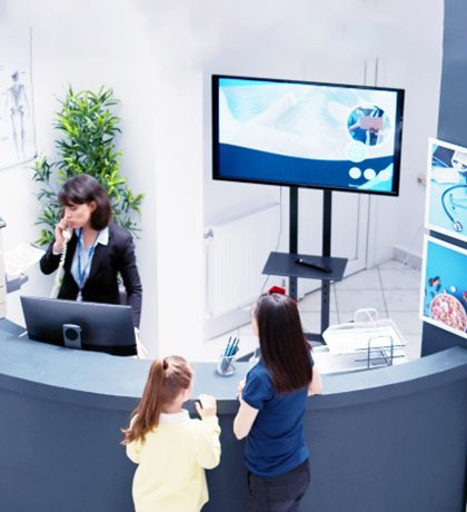 local business reception desk with signage