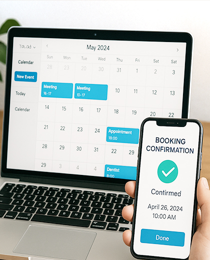 booking confirmation on phone beside calendar on laptop